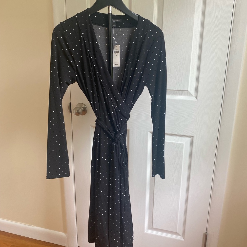 NWT Banana Republic Factory Black Polka Dot Wrap Dress Size S